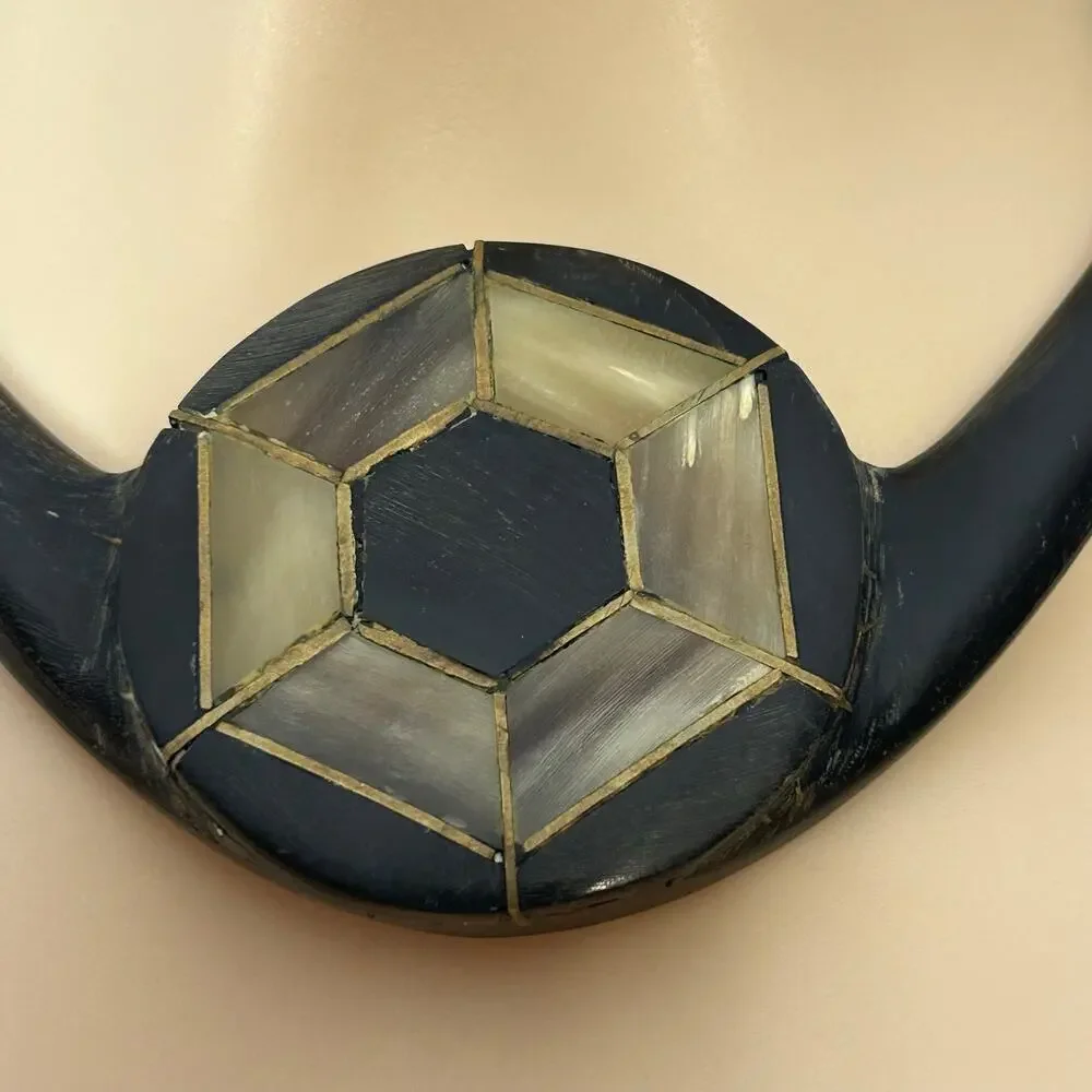 Artisan wood Statement Necklace Black Brown Geometric Inlay Tribal Boho 20”